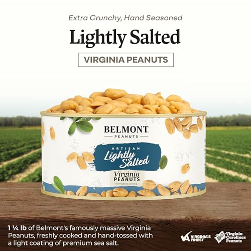 Image of Belmont Peanuts Gourmet Lightly Salted Sea Salt Virginia Peanuts, 20 oz (1 Pack) - Only 3 Simple Ingredients, No Preservatives, 7g Protein - A Premium, Salty, Crunchy, Hand Seasoned Snack