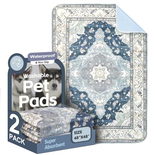 Image of Washable Pee Pads for Dogs, 2 Pack Reusable Puppy Training Pads 48 inchx48 inch Super Absorbent Waterproof Dog Training Pads, Non-Slip Potty Pads, Whelping Pads Litter Mat Navy & Ecru