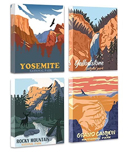 Image of Vintage National Park Wall Art | National Park Painting Wall Decor, Natural Art Mountain Abstract Paint(8"x10"-4pcs Framed)