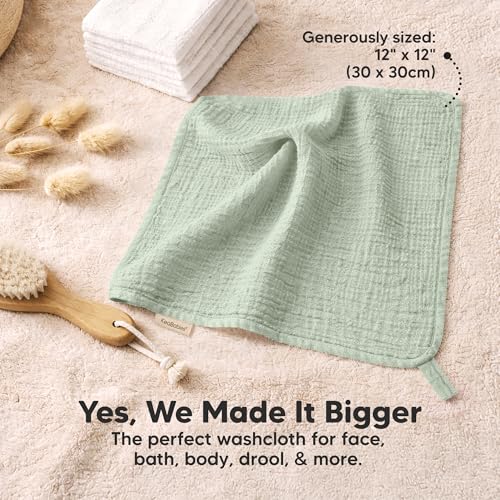 Image of 5-Pack Muslin Baby Washcloths for Newborn - 12x12 inch Soft Absorbent Organic Cotton Muslin Wash Cloths for Babies Girl, Boy, Infant, Toddlers, Kids Face Towel, Bath Essentials, Baby Burp Rags (Sage)