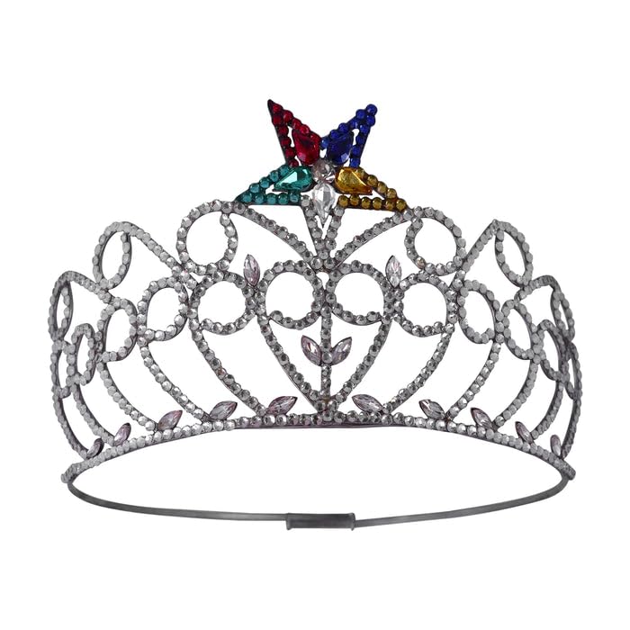 Bricks Masons OES Crown with Rhodium Plating and One Colorful Star – Adjustable Crystal Crown for Formal Wear