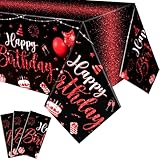 Tudomro 3 Pcs Happy Birthday Tablecloths Happy Birthday Party Decorations Plastic Table Cover Rectangular Cloths for Women Men Baby Shower Party Supplies, 108 x 54 Inch (Black Red)