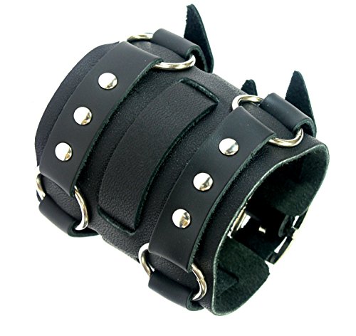 Wide Triple Strap Leather Cuff Wrap Gothic Wristband Bracelet With Buckle Fastening - BLACK LEATHER2