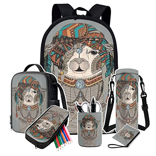 Bulopur Bohemia Llama Girls Boys Lightweight Backpack With Lunch Box, Aztec Alpaca Kids Bookbag 6 Set Lunch Bag Pencil Bag, Ethnic Bottle Pouch Holder Pens Holder For Kids #TOP9
