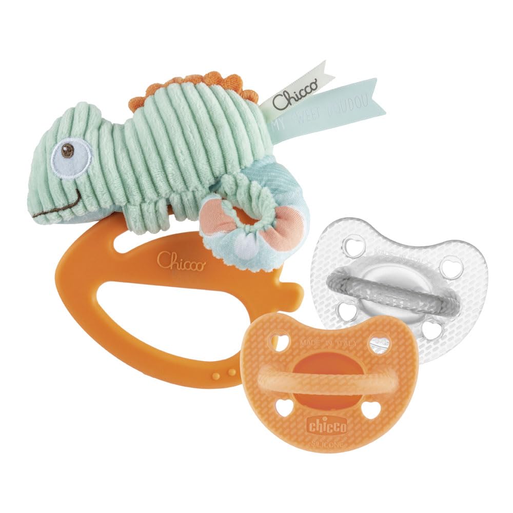 Chicco Chameleon Rattle and Pacifier Set Physioforma Luxe 6-16 m, Soft Fabric and Plastic Teether for Teething, Soft and Flexible Silicone Pacifier, Supports Physiological Breathing and Mouth