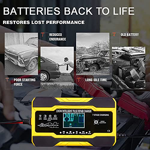 10Amp Car Battery Charger, 12V&24V Smart Battery Charger Maintainer with 7-Stage Charging Mode Repair for Car Truck Motorcycle Lead Acid Batteries, UK Plug, Yellow - Image 7