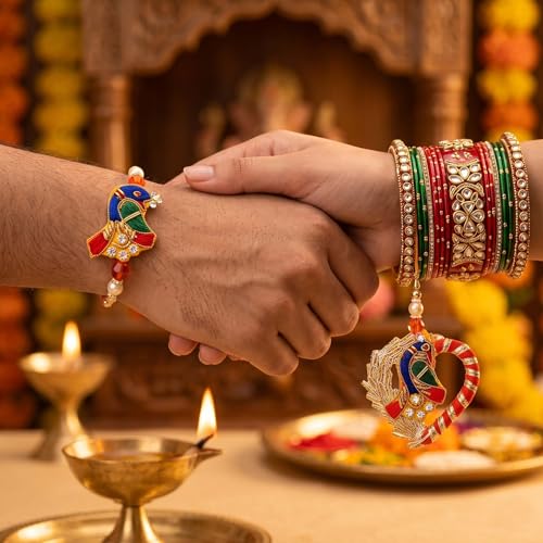 Image of ascension 1 Pair of Couple Rakhi for Bhaiya and Bhabhi Rakhi for Raksha Bandhan Bhai Bhabhi Couple Bracelet with You are My Hero Fridge Magnet & Roli Tilak Pack