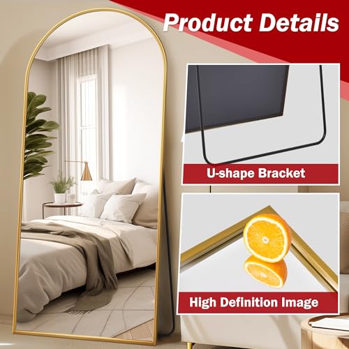 Suidia Arched Full Length Mirror, 71"x32" Floor Mirror Freestanding, Floor Standing Full Body Mirror with Stand for Bedroom, Hanging Mounted for Living Room Cloakroom, Gold