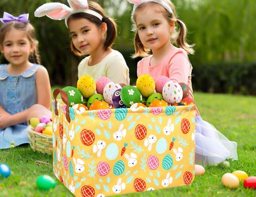 Image of Large Rectangular Easter Baskets Empty Waterproof Boy Toy Box Foldable Kid's Gifts Storage Bin Spring Room Decor(Yellow Leaf Rabbit Egg)