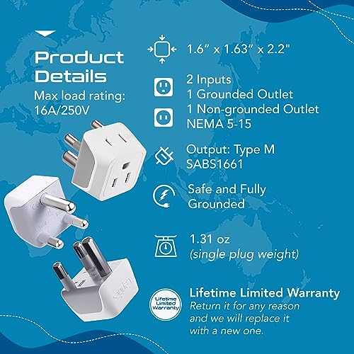 Image of Ceptics South Africa, Namibia Travel Adapter Plug with Dual Usa Input - Type M - Ultra Compact - Safe Grounded Perfect for Cell Phones, Laptops, Camera Chargers and More 3 Pack (CT-10L)