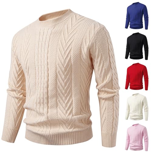 Mens Long Sleeve Sweater Crewneck Cable Knit Elastic Pullover Sweaters Casual Twist Textured Thermal Sweaters Tops
