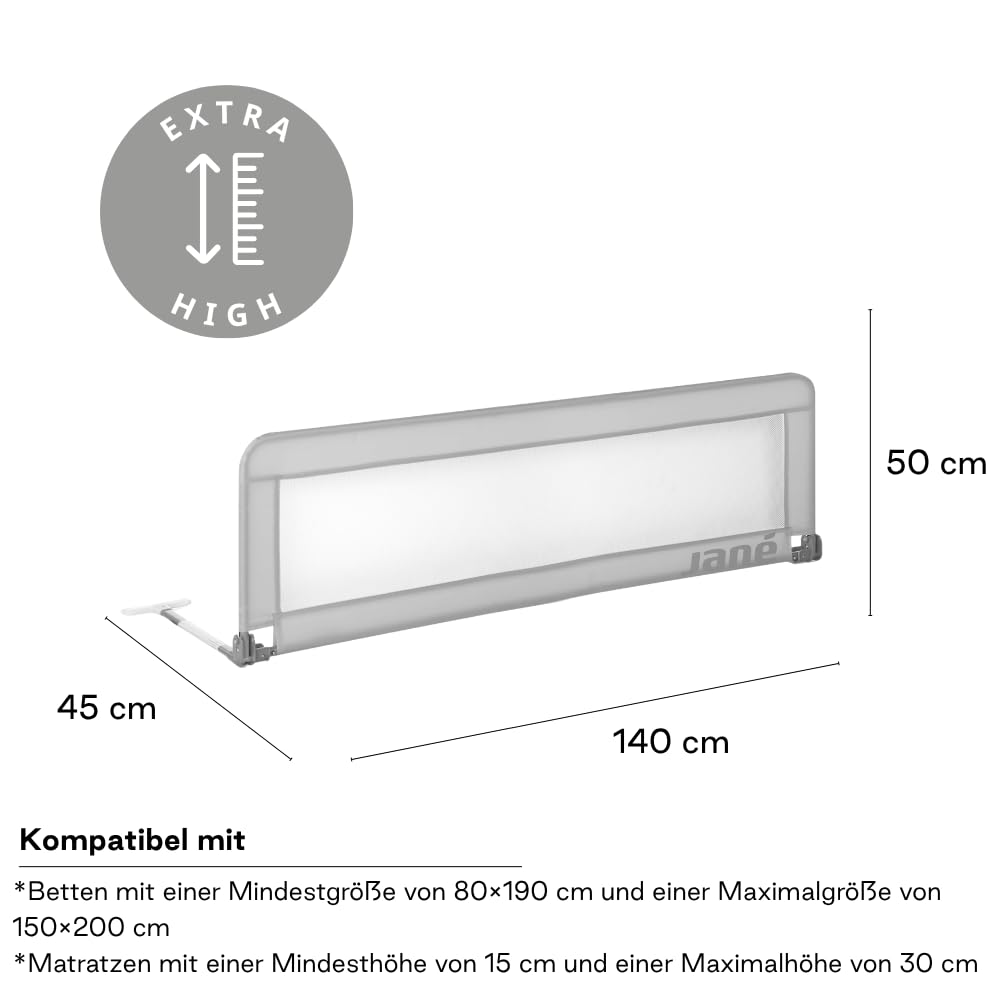 Jané Klappbares Kinderbettgitter 140 cm, Extra Hoch, Atmungsaktiv, inkl. Transporttasche, Grau