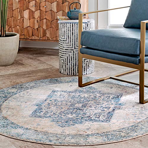 nuLOOM Harriet Vintage Medallion Fringe Area Rug, 5' Round, Light Blue