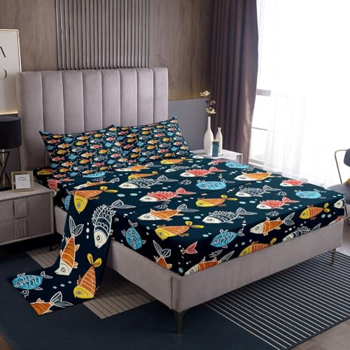Image of jejeloiu Colorful Fish Bed Sheets Sets King Size Kids Boys Girls Funny Vintage Bedding Set Sea Animal Bed Sheet Set with 16-Inch Deep Pockets Summer Ocean 4Pcs with 2 Pillow Cases