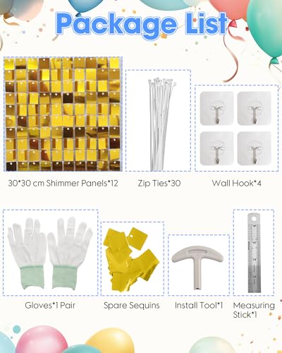 Image of Gold Shimmer Wall Backdrop 12 Panels Cover 4 x 3 Ft, Photo Backdrops for Wedding,Anniversary,Birthday,Party Decoration