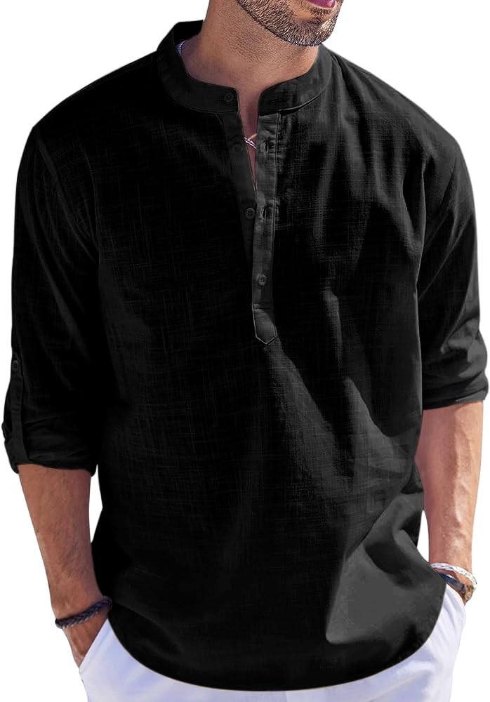 HEMRIN Men's Kurta Shirt, Solid Color, Cotton Blend, Straight, black, L
