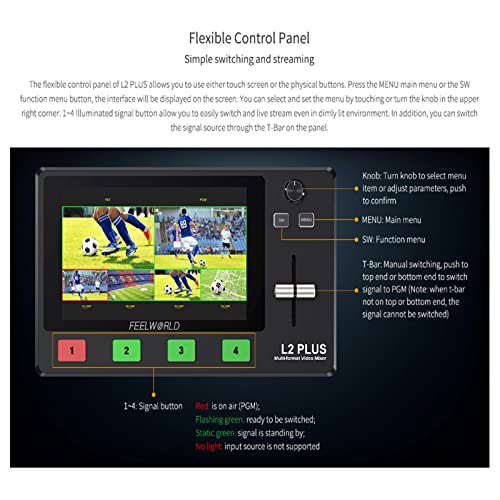 FEELWORLD Misturador de vídeo para várias câmeras L2 PLUS com tela LCD sensível ao toque de 5,5 pole