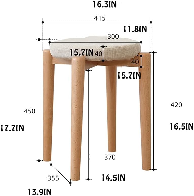Minimalist Fashion Creative Solid Wood Round Stool Makeup Stool Soft Cloth Surface Removable and Washable Stool Stackable Dining Table and Stoolcasual/Beige