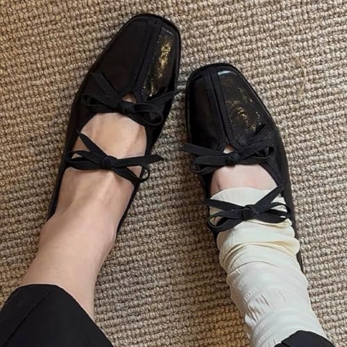 Elegant Sheepskin Low Heel Mary Jane Ballet Flats for Women | 3cm Heel, Shallow Mouth Square Toe Shoes with Bow Detail | Comfortable & Stylish Everyday Wear3
