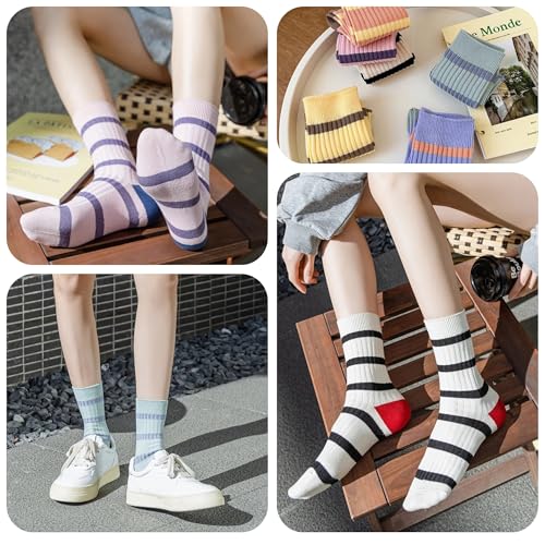 Image of 5 /10 Pairs Retro Style Colorful Striped Socks, Cute Athletic Crew socks for Women