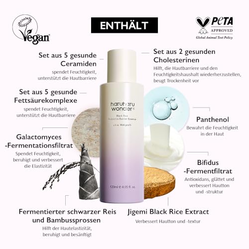 haruharu wonder Black Rice Probiotics Barrier Essence 120ml, Essence Toner zur Stärkung der Hautbarriere mit Ceramiden, fermentierten Inhaltsstoffen, beruhigend, feuchtigkeitsspendend, aufpolsternd