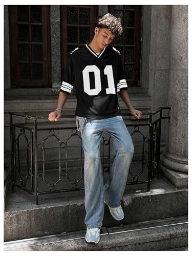 OYOANGLE Men's Number Graphic Print Jersey Shirts Color Block V Neck Short Sleeve Oversized Tee Shirt4