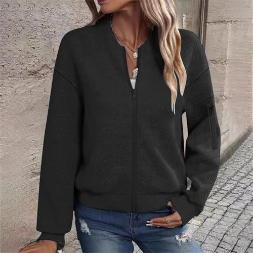Bomber Jackets Women Lightweight Zipper Jacquard Outerwear Coat Trendy Fall Shacket with Sleeve Pocket4
