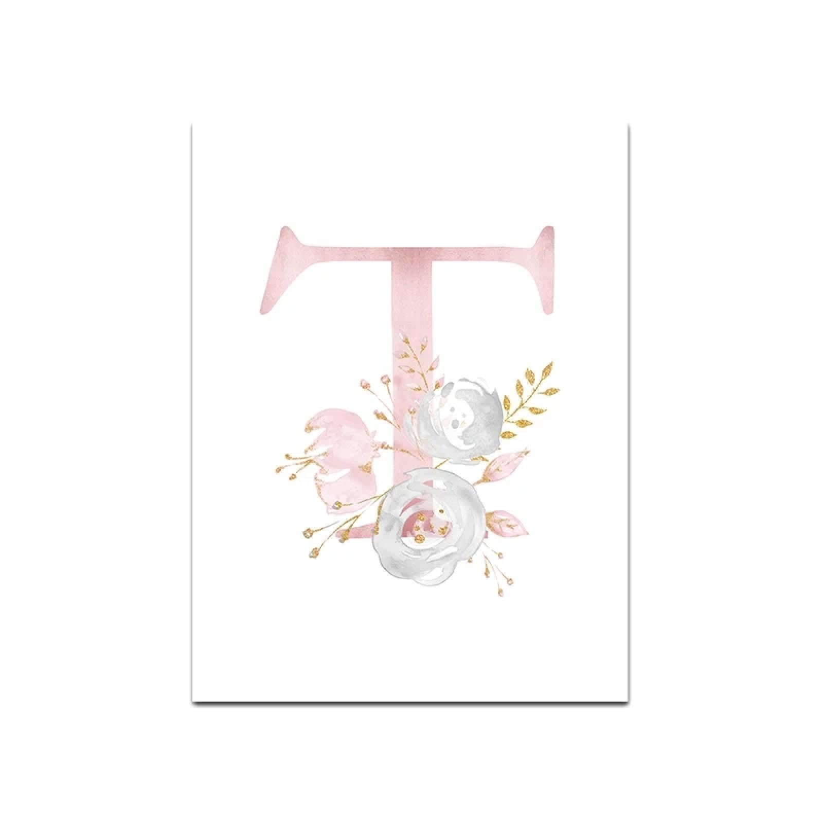 Carteles de letra T personalizados con nombre de niña, pósteres personalizados para guardería, impresiones de flores rosadas, lienzo de pared, pintura artística para la habitación del bebé, decoración