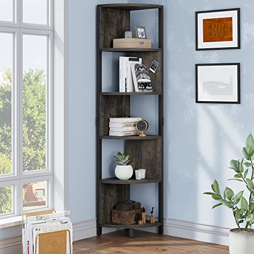 YITAHOME 6-Tier Corner Shelf, 68.8" Tall Industrial Free Standing Corner Bookshelf, 6 Shelf Display Corner Bookcase Open Small Book Shelves for Bedroom, Living Room, Small Space, Charcoal Gr