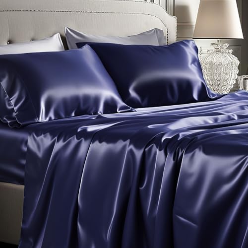 Image of Bedsure Navy Satin Sheets Queen Size, Soft Silky Bedsheets for Hair & Skin | Similar to Silk Bed Sheets Set 4 Piece with 15 Inches Deep Pocket Fitted Sheet,1 Flat Sheet, 2 Satin Pillowcases