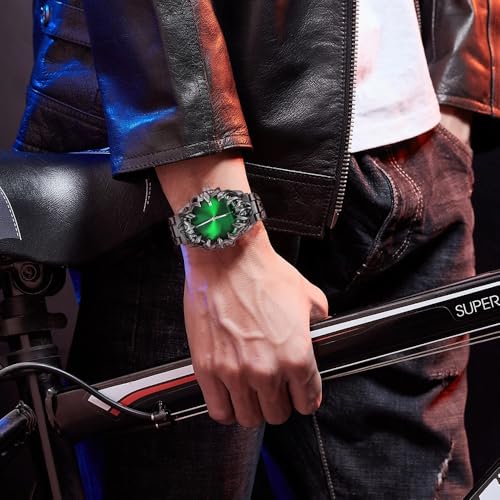 Image of CARLIEN Gothic Claw Watch for Men - Unique Stainless Steel Wristwatch, Luminous Hands, Waterproof Quartz Movement, Futuristic Melting Style, Cool Red & Green Color Options