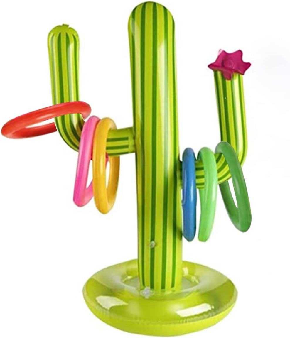 Cactus Ring Toss Game Set- Inflatable Reusable Cactus Toy with 6 Rings, Suitable for Hawaii Luau Party, Children's Water Toss Ring Game, Outdoor Games, Party Toss Game, Green, 21 * 16 * 2.5 CM
