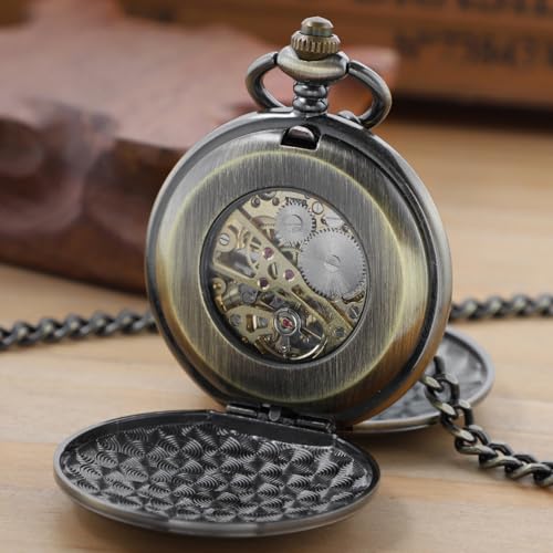 Image of Men's Mechanical Pocket Watch Black Rudder Pattern Double Open Hollow Roman Numerals Pocket Watch