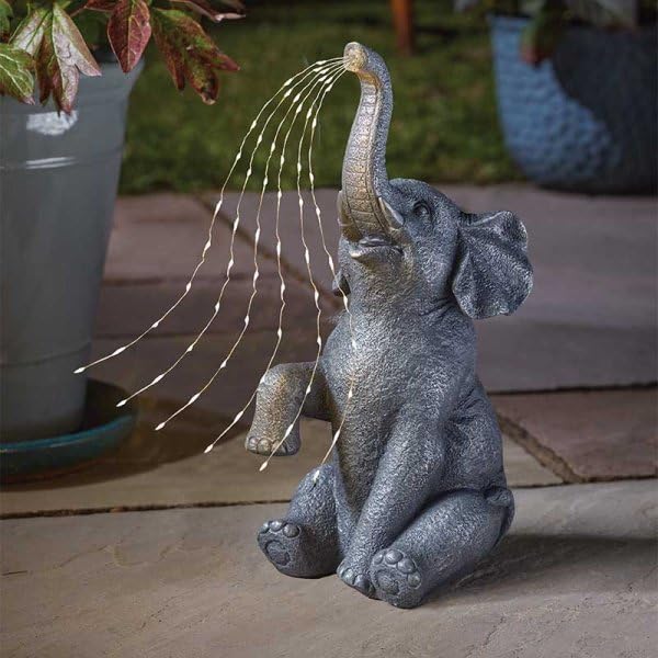 Garden Mile Large Garden Elephant Statue with Solar Powered String Lights Outdoor Decor Weatherproof Light Up Resin Elephant Figure with LED Lights For Patio, Balcony - Perfect Gardening Gift