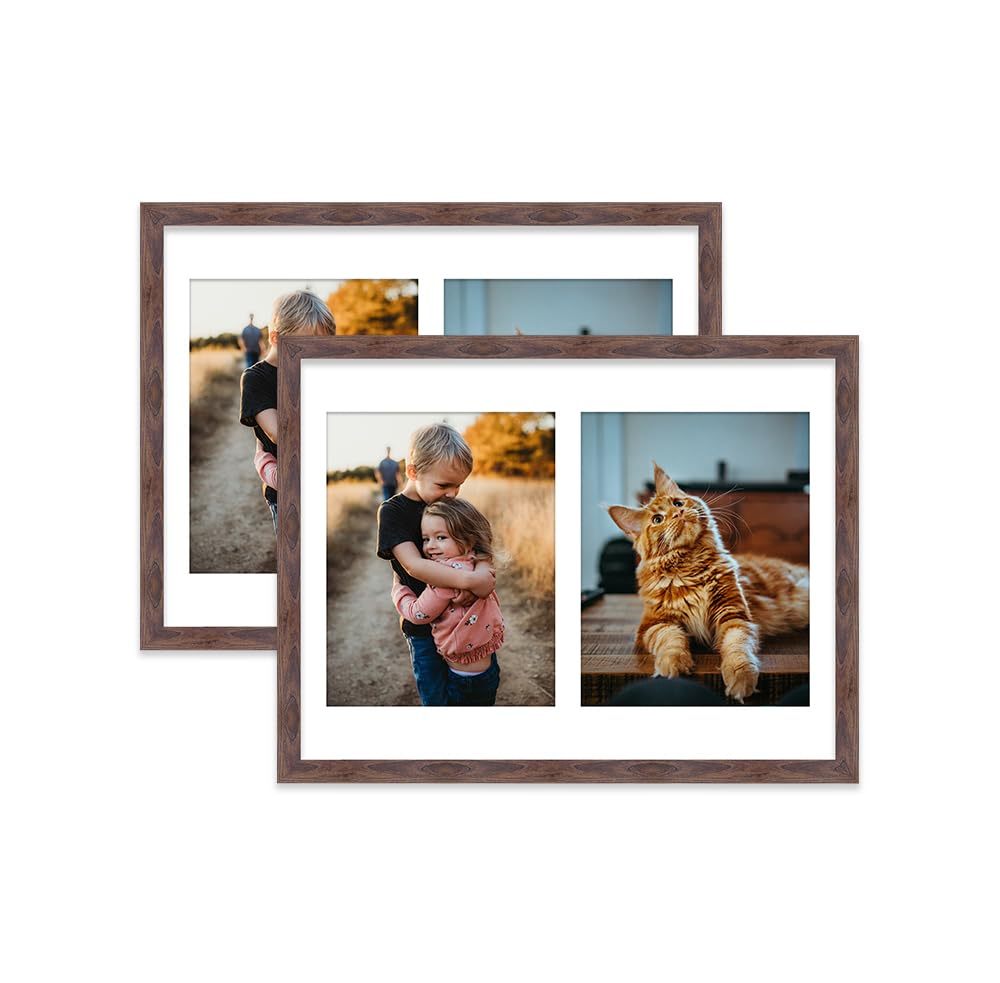 Walnut Multi Photo Frame - Holds 2 x 9x7 Pictures, Family Collage Picture Frame for Wall Display, 16x12 Frame size, Set of 2