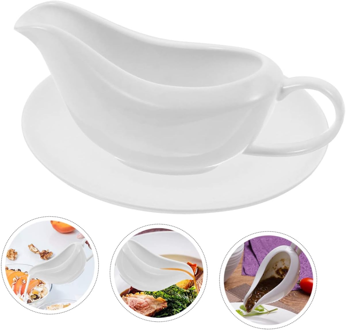 IMIKEYA Ceramic Gravy Boat with Dish Dripless Spout Gravy Pitcher for Sauces Dressings and Milk for Home Restaurants and Catering Events
