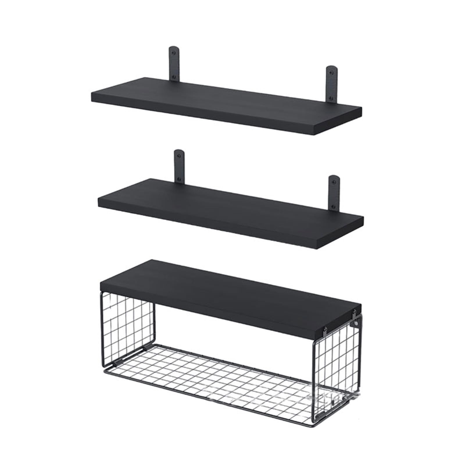 Mekalero Black Bathroom Wall Mounted Shelves Set Of 3 Sturdy Wood Floating Shelves Accessory For Toiletries And Decoration Wood