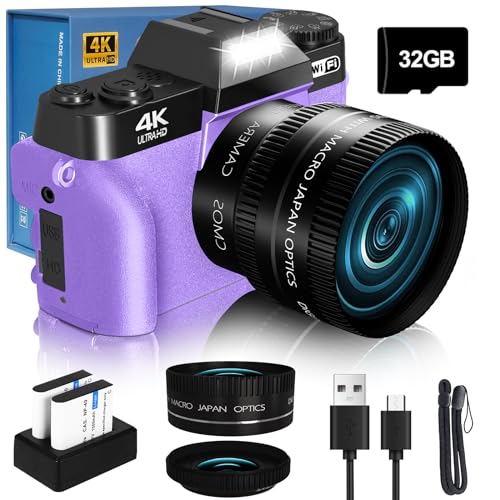 2026 Upgrade VJIANGER Digital Camera for Photography Vlogging Camera for YouTube with WiFi 180 Flip Screen 16X Digital Zoom 52mm Lens 2 Batteries 32GB Micro SD Card(Purple)