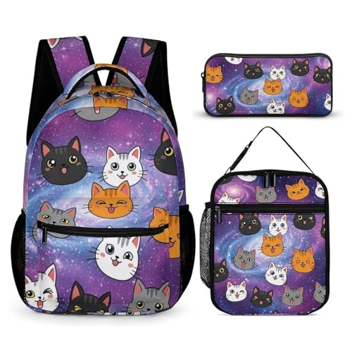 Backpack Bookbag Set Cute Cats Animals Backpack with Lunch Bags and Makeup Bag Shoulder Bag with Lunch Box Storage Bags