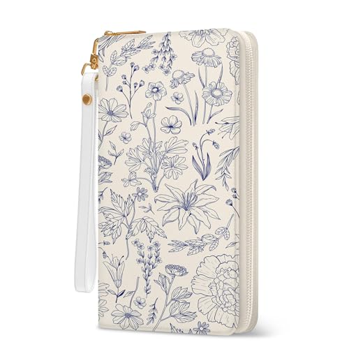 Flower Womens Wallet, RFID Blocking Wristlet Wallets for Women, Ladies Purse with Zip Around Credit Card Holder and 10 Card Slots & ID Window, Travel Large Capacity Women's Clutch Organizer Blue