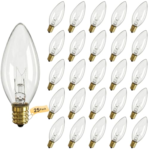 Oviejo 25 Pack Clear Torpedo Tip Replacement Bulbs, 7 Watt C26 Incandescent Bulbs for Electric Candle Lamps, Window Candles, Chandeliers, E12 Candelabra Base Light Bulbs