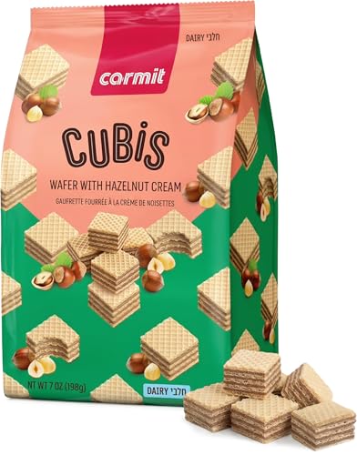Carmit Gluten Free Wafer Cubes with Hazelnut Cream, 7 oz | Crispy Bite Size Cream Filled Wafer Cookies | Kosher for Passover, Kitniyot