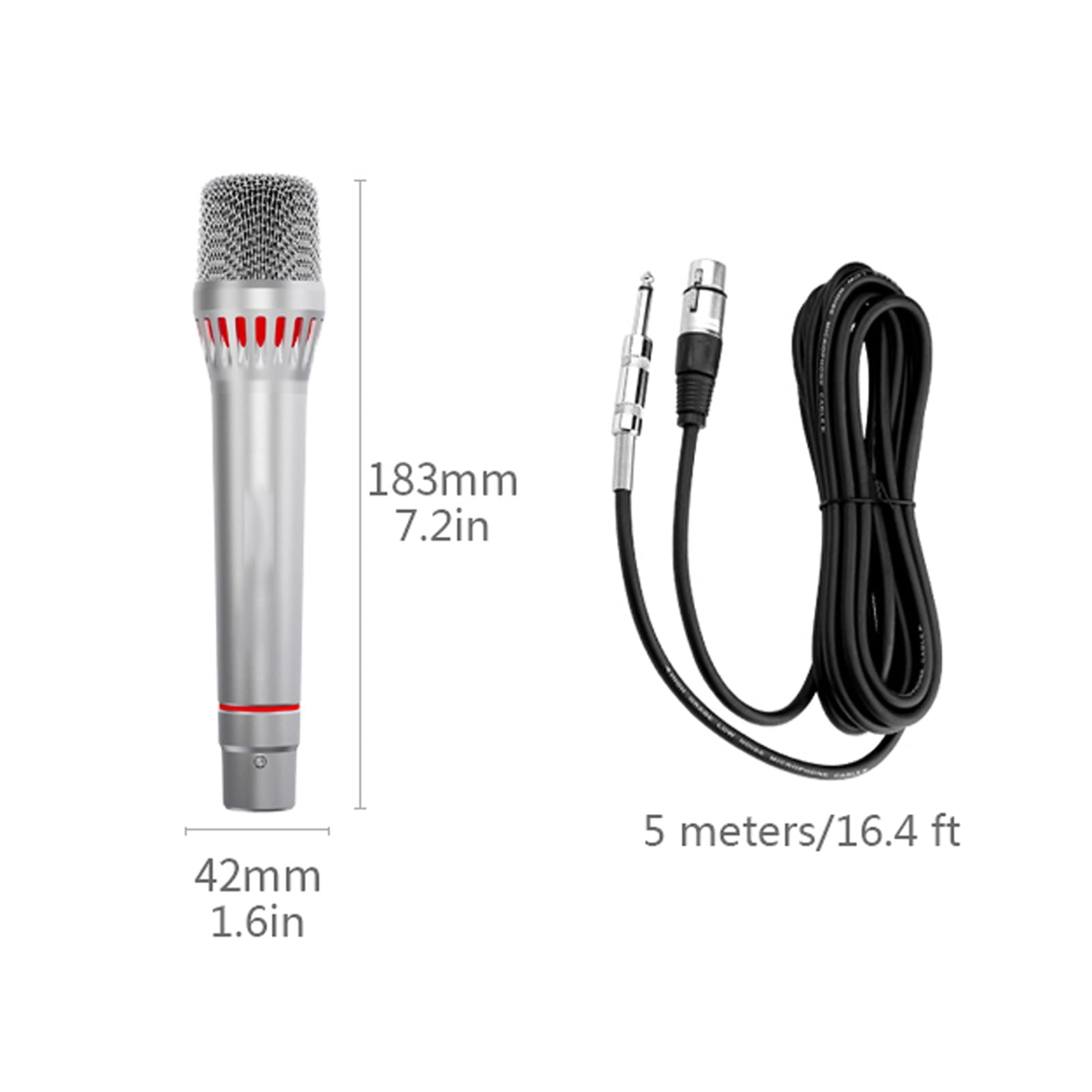 Profesjonalny dynamiczny mikrofon wokalny Cardioid Point Pickup metalowy ręczny mikrofon do karaoke mikrofon przewodowy z kablem XLR do 6,5 mm / 3,5 mm, srebrny zestaw mikrofonów