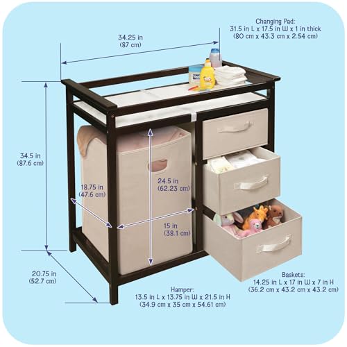 Image of Badger Basket Modern Baby Changing Table for Nursery - Diaper Changing Station with Laundry Hamper, 3 Storage Drawers, Changing Pad, and Safety Belt - Espresso and Ecru