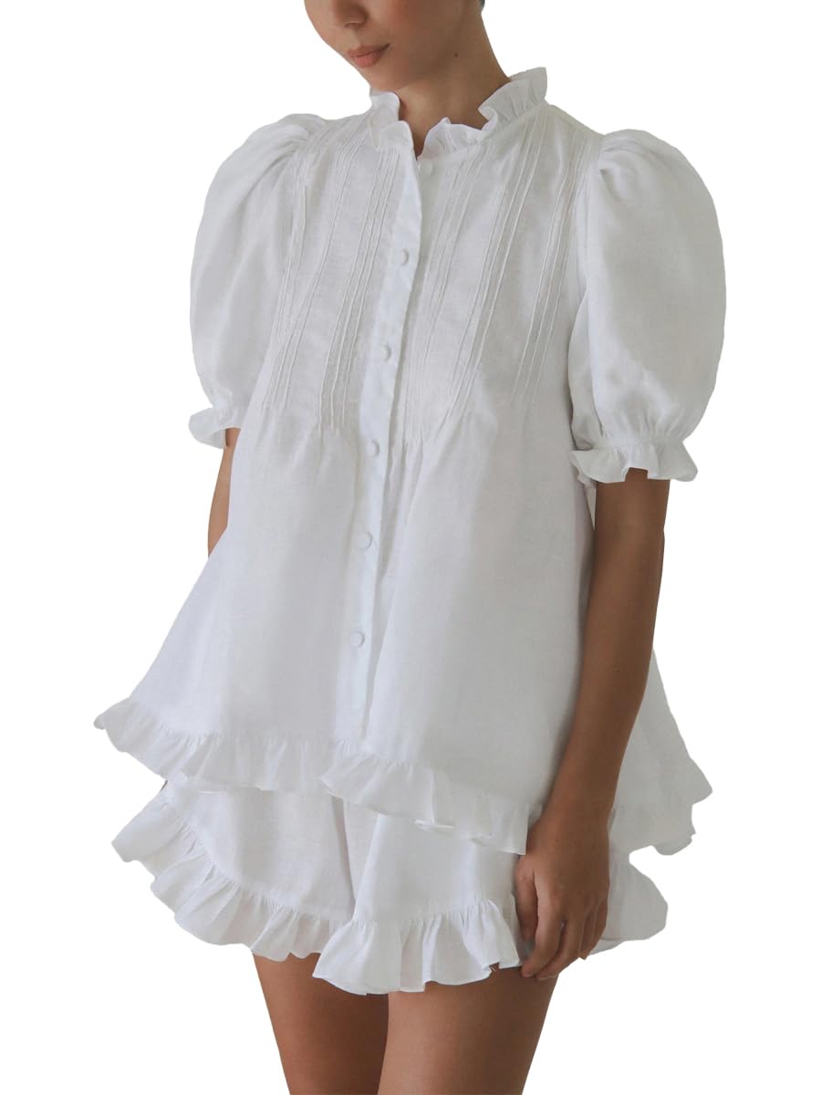 Womens Ruffle Short Set Fashion Summer Puff Sleeve Button Down Top and Shorts Cotton 2 Piece Outfits Small White 8a06