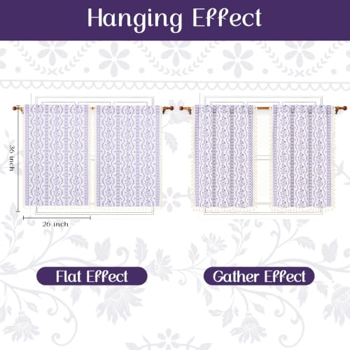 Image of Yinhua Boho Kitchen Curtains 36 Inch Length Vintage Linen Cafe Curtains Light Filtering Bohemian Floral Tier Rod Pocket Farmhouse Rustic Tassel Small Drapes with Tiebacks, 2 Panels, White Purple