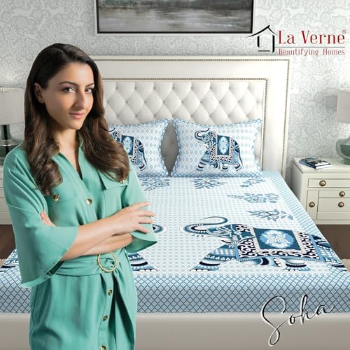 Image of La Verne 140 TC 100% Cotton King Size Jaipuri Rajasthani Print Bedsheet with 2 Pillow Covers