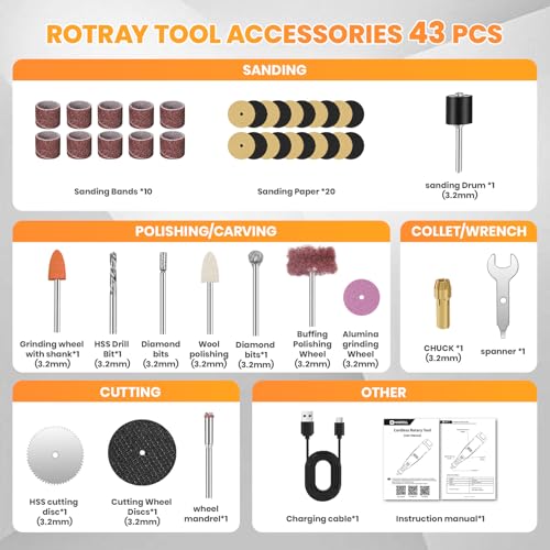 Image of HARDELL 12V Cordless Rotary Tool Kit 6-Speed 10000-25000RPM 43 Pcs Orange