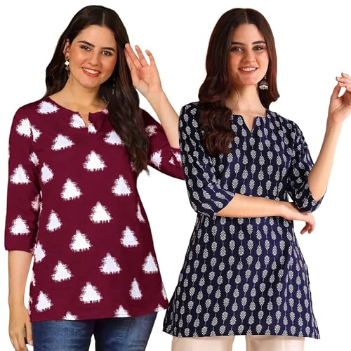 Image of Pinkmint Women's Printed Cotton Blend Short Kurti with 3 /4th Sleeve & Notch Neck l Casual & Office Wear Tunic Shirt Kurti