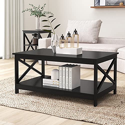 RASOO Wood 2-Tier White Tea Tables with Storage Shelf for